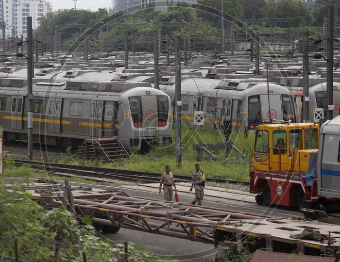 Delhi Metro trains are seen parked at the Timarpur depot after its operation  were halted amid Covid19 lockdown in New Delhi, India on August 25, 2020