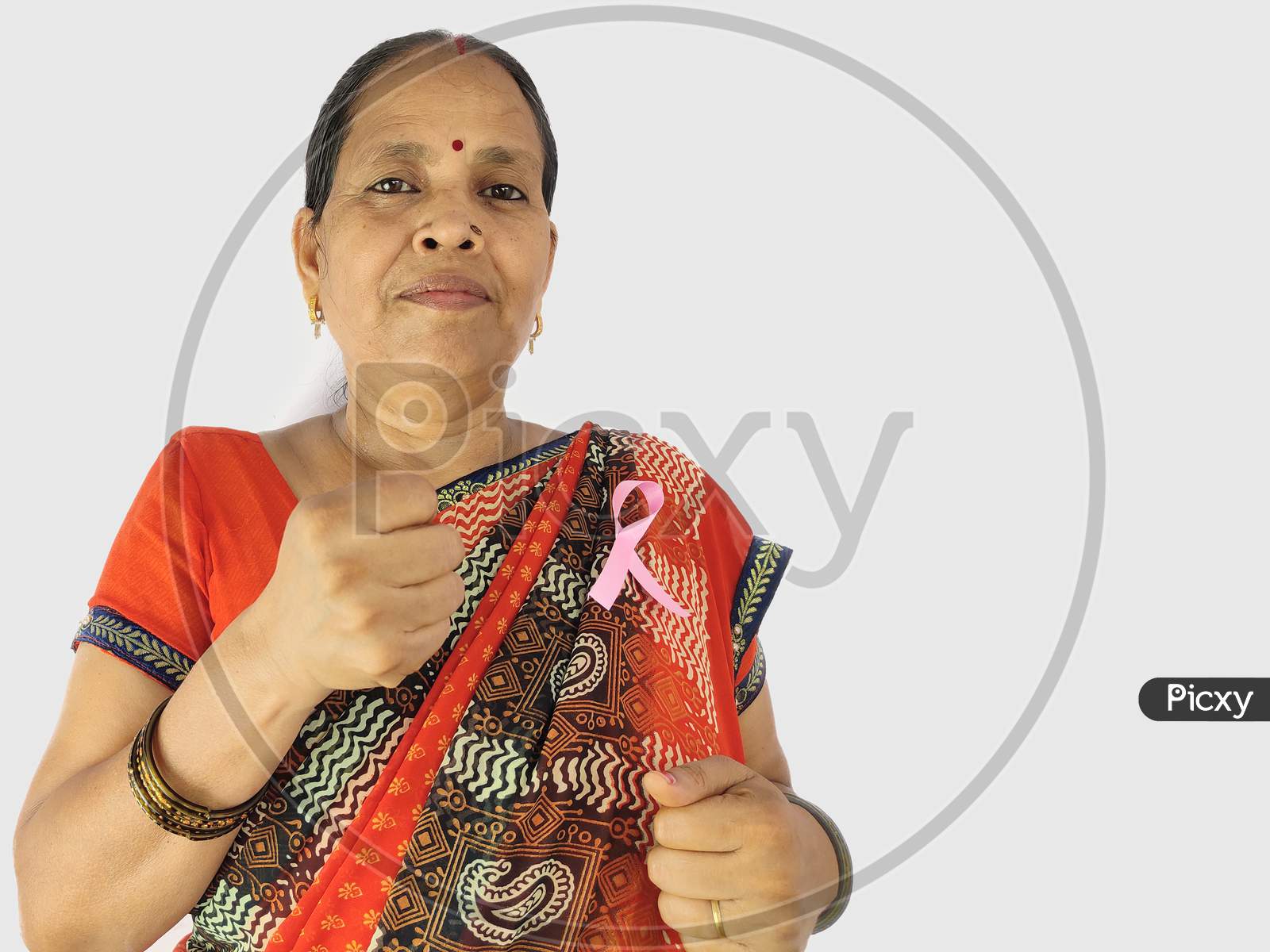 Fight against cancer by woman with pink ribbon