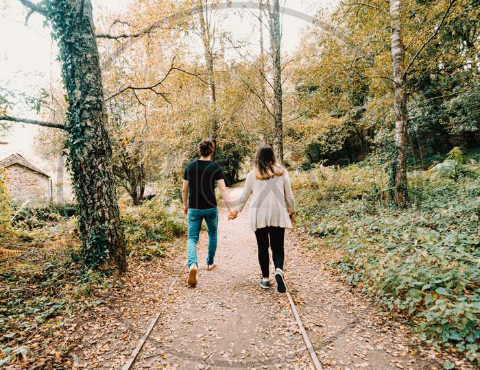 Young Couple Taking A Active Walk In The Park During Autumn, View From Behind
