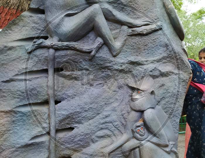Inside The Mysore Zoo Embossed Monkey Stone Statues