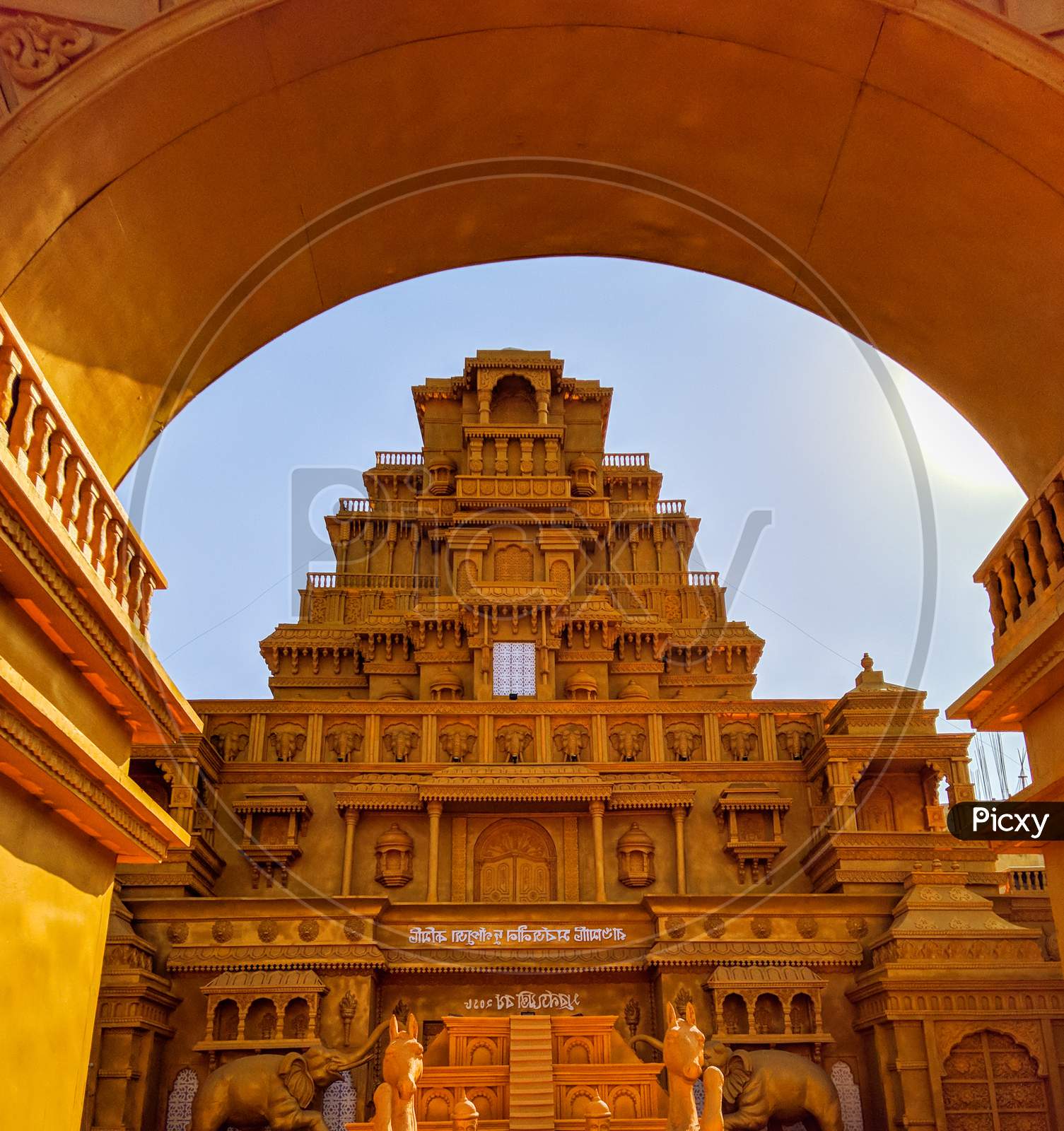 Durga puja pandal looks like a real stone carving temple