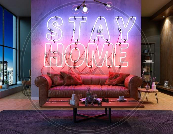Neon Stay At Home Sign Quarantine Concept. 3D Render