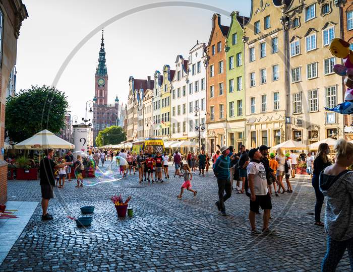 Gdansk, North Poland - August 13, 2020: People Doing Leisure Activities During Weekend In Main Tourist Attraction In City Center