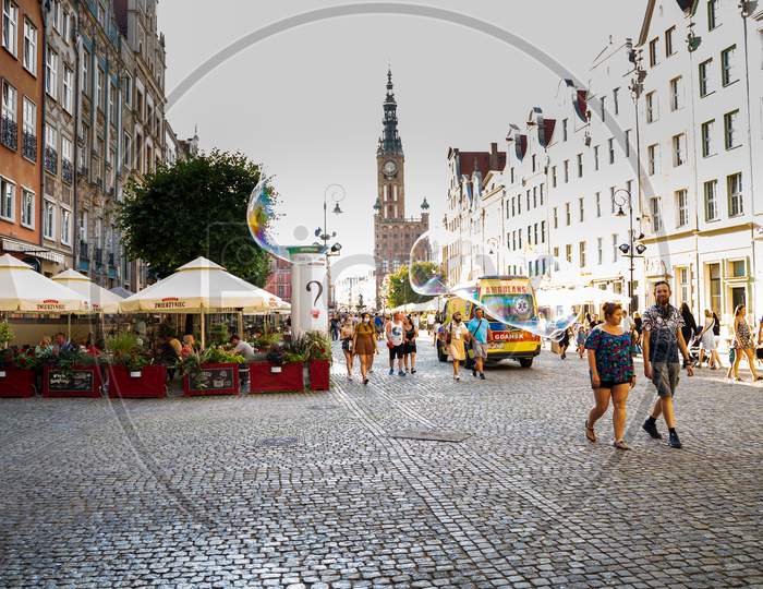 Gdansk, North Poland - August 13, 2020: People Doing Leisure Activities During Weekend In Main Tourist Attraction In City Center