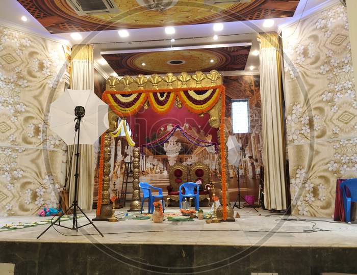 Closeup Of Marriage Hall Or Kalyana Mantapa Stage Decoration By Flowers