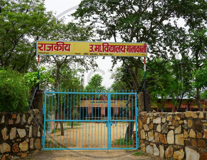 Rear view green colored open Iron gate of school. Stylish enter gate to move forward in the school.