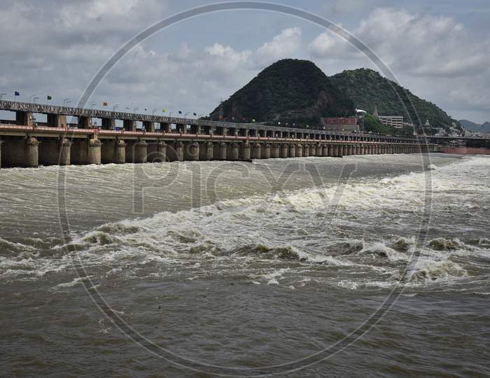 Floodwater Released Into The Krishna River At Prakasam Barrage, In Vijayawada On August 24, 2020.