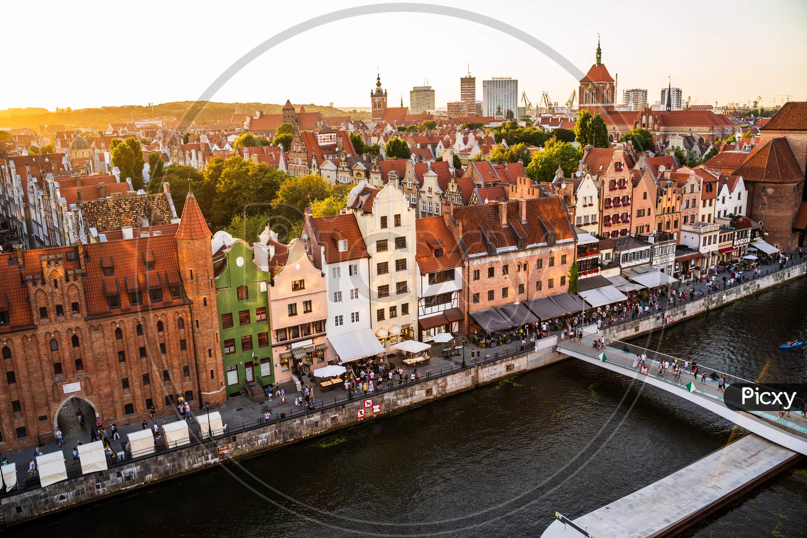 Gdansk, North Poland - August 13, 2020: Wide Angle Panoramic Aerial Shot Of Motlawa River Embankment In Old Town During Sunset In Summer