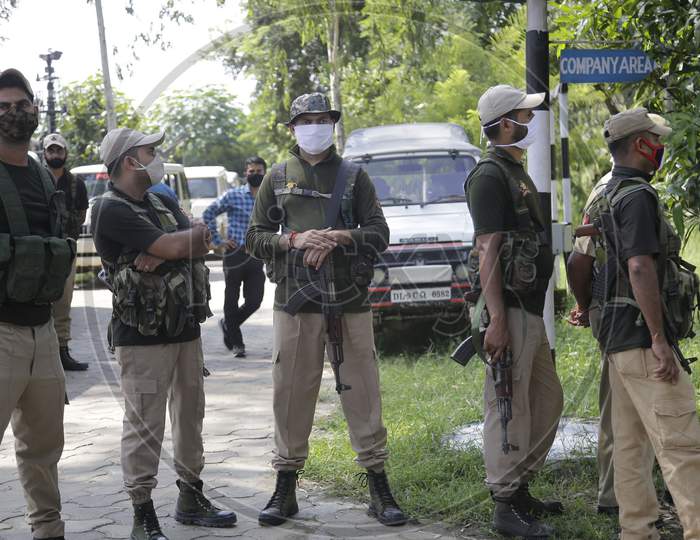 Jammu & Kashmir Police personnel stand near Indo-Pak international border in J&K's Samba district,  Aug. 29, 2020.