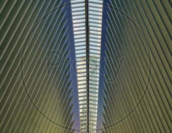 Transportation Hub (Oculus)  in New York city in Financial District interior view showing  the main hall (designed by Santiago Calatrava architect )