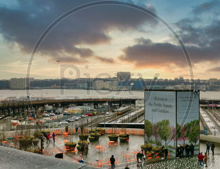 The Public Square and Gardens at Hudson Yards  in NYC sunset view