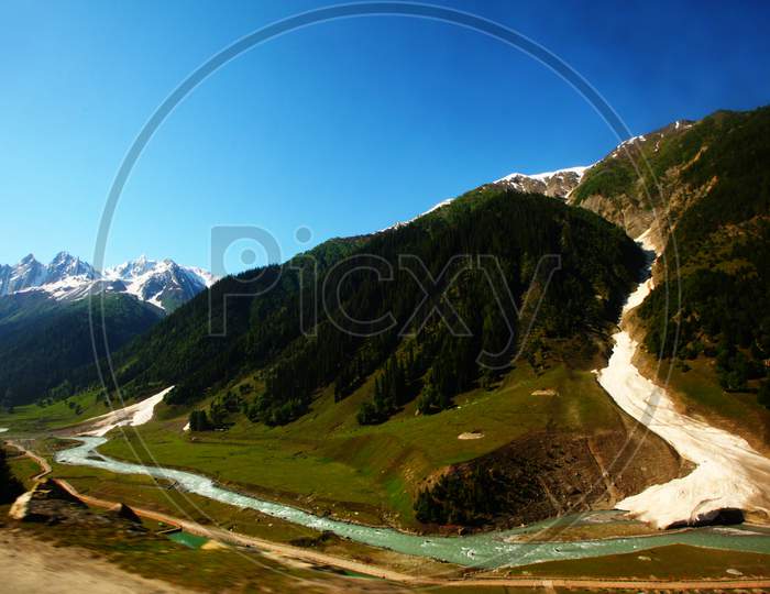Snow Capped Mountains with Waterflow in the foreground