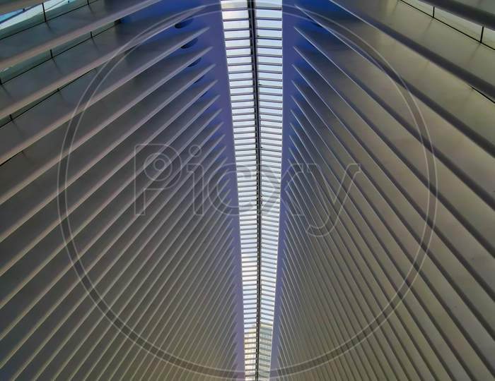 Transportation Hub (Oculus)  in New York city in Financial District interior view showing  the main hall (designed by Santiago Calatrava architect )
