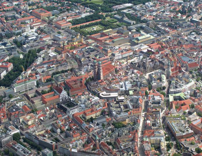 Munich city center with the popular church seen from above 5.7.2020