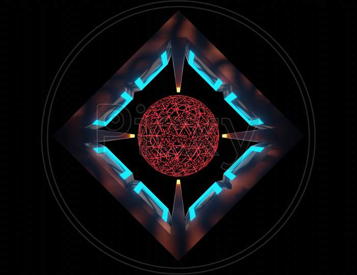 Illustration Graphic Of Abstract Seamless Loop Of 3D Render Red Color Energy Sphere Or Circle, Inside A Beautiful Sci-Fi Frame Which Is Glowing With Blue And Orange Light, On Black Background.