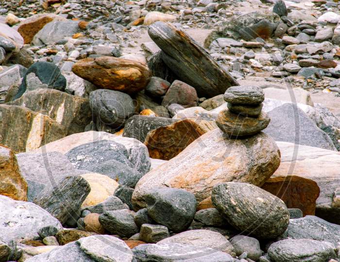 Himalayan mountain boulder zone area stone from river in Uttarakhand garhwal himalayan range at Sundardunga river basin. During Kanakata pass trek