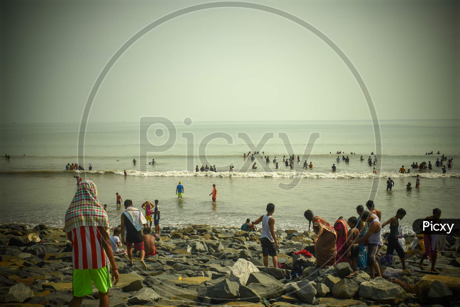 People Enjoying Sea Bath At Digha Sea Beach, Midnapore,West Bengal,India