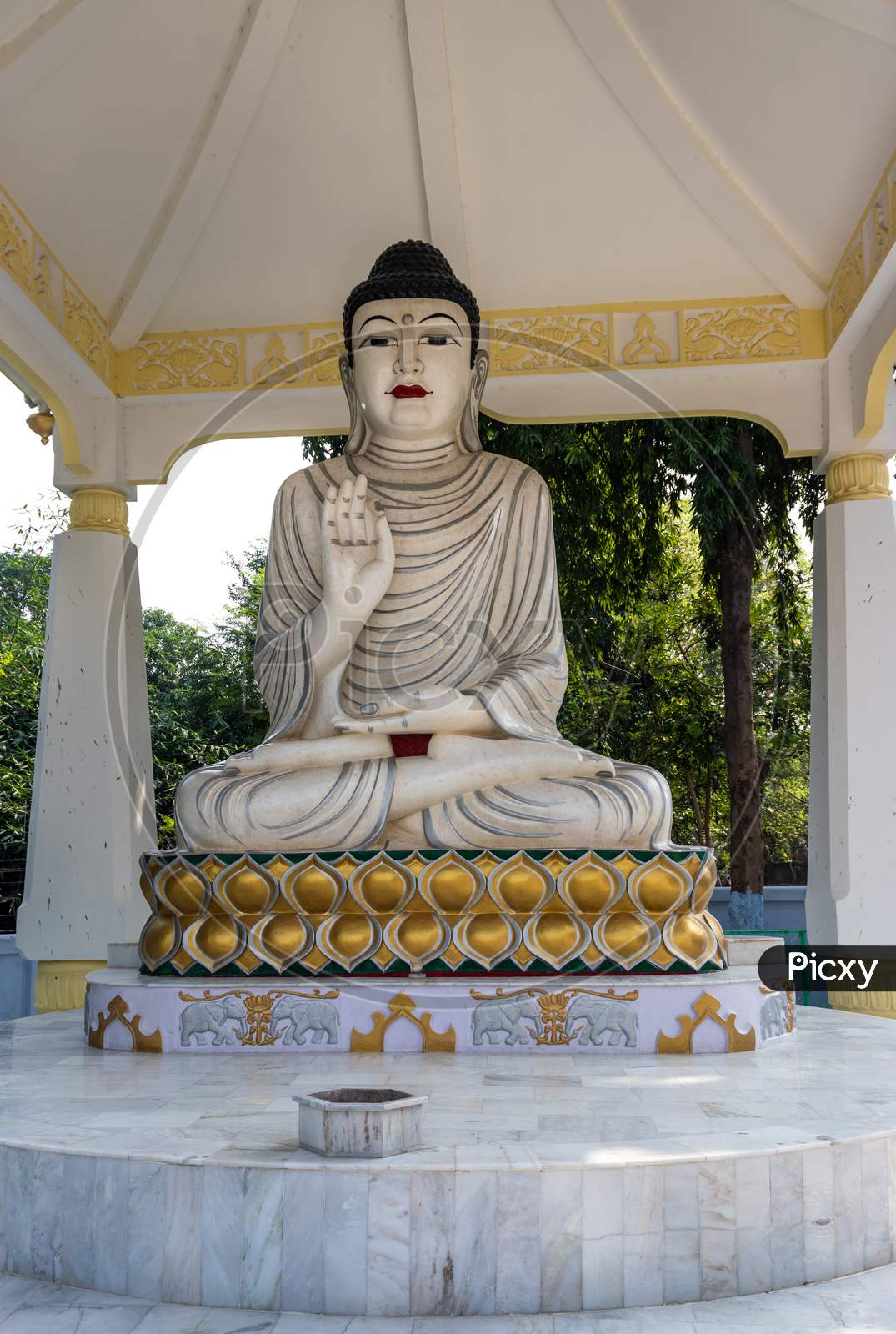 Buddha White Isolated Statue With Golden Contrast Stone Marble Made