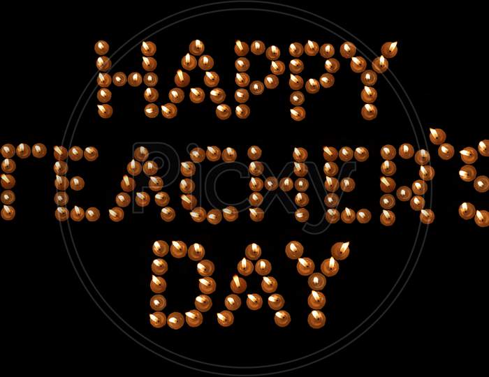 Happy Teacher's Day Written With Burning Candles In Black Background, Perfect For Wallpaper