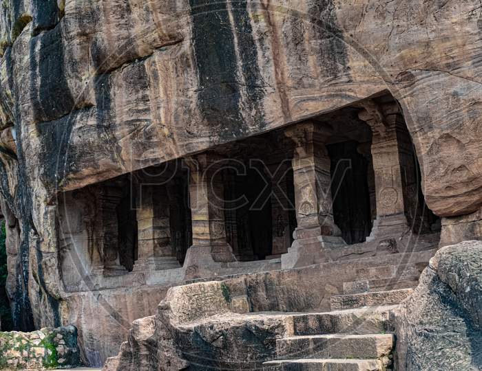 Stone pillars carved in single Sandstone in Badami , Karnataka.