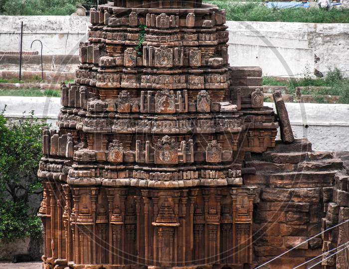 Ancient Hindu temple built by Badami chalukyas in red sandstone rock, having ancient indian architecture.