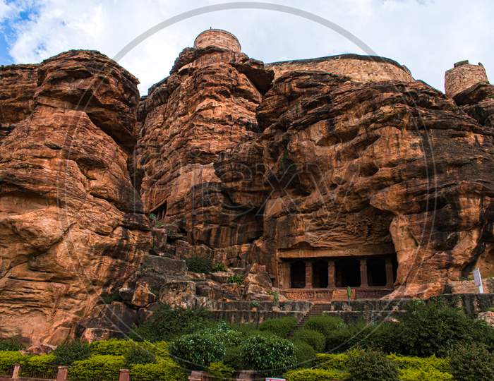 Rocky mountains of badami having ancient indian architecture.