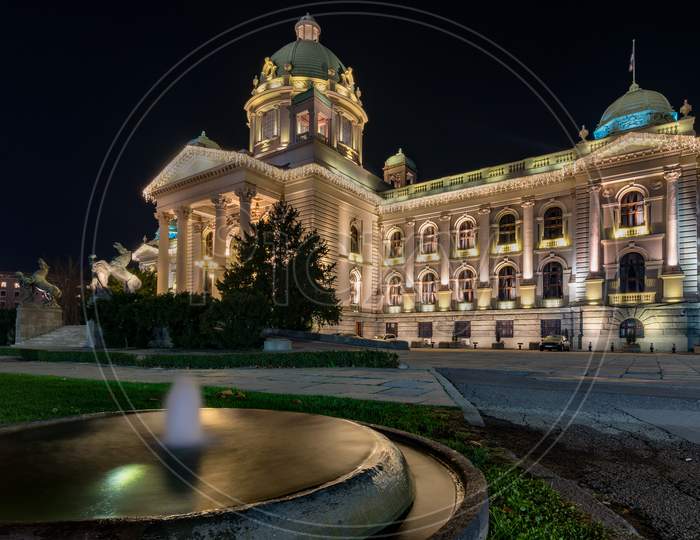 Night View Of The National Assembly Of The Republic Of Serbia In Belgrade