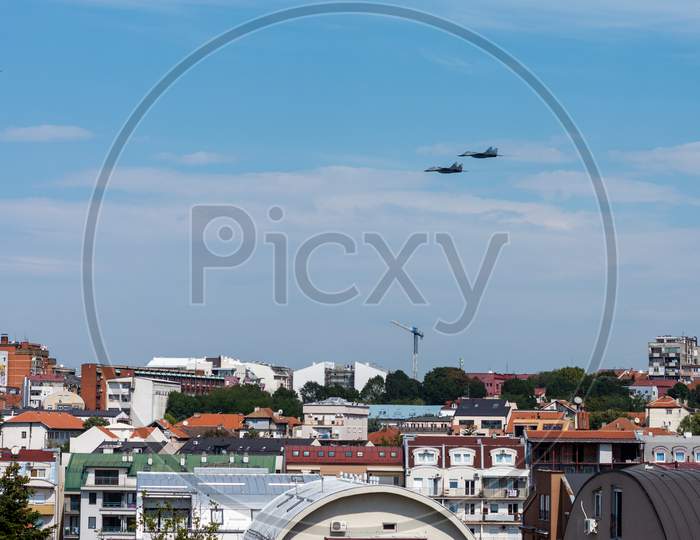 Serbian Air Force Mig-29 Jet Fighters In Low Flight Over Belgrade, Serbia