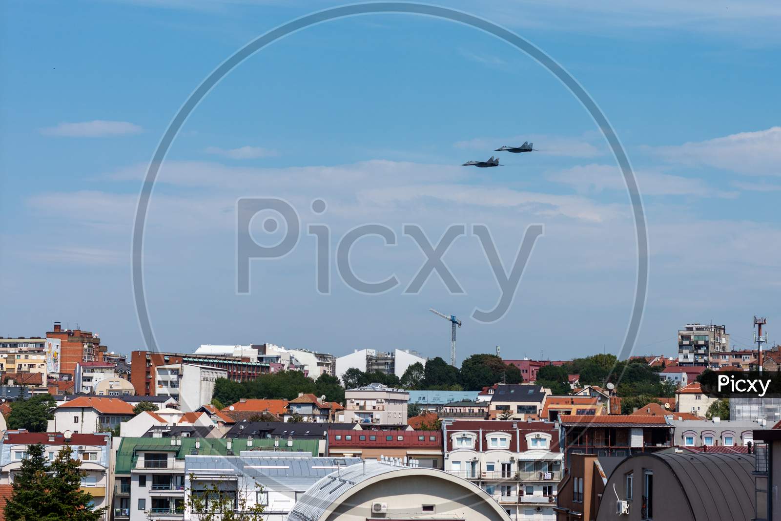 Serbian Air Force Mig-29 Jet Fighters In Low Flight Over Belgrade, Serbia