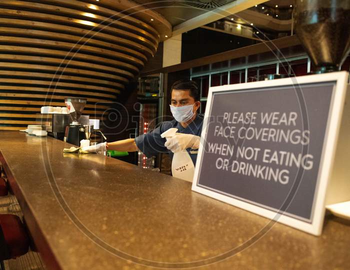 Employee sanitise the hotel premises, at Le Meridien Hotel ahead of its reopening in Unlock 4.0, on August 31, 2020 in New Delhi, India.
