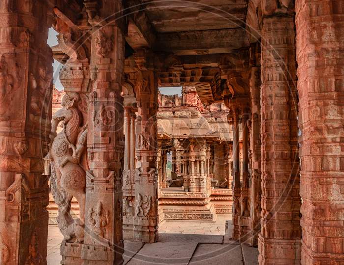 Vithala Temple Hampi Ruins Interior Antique Stone Art From Unique Angle