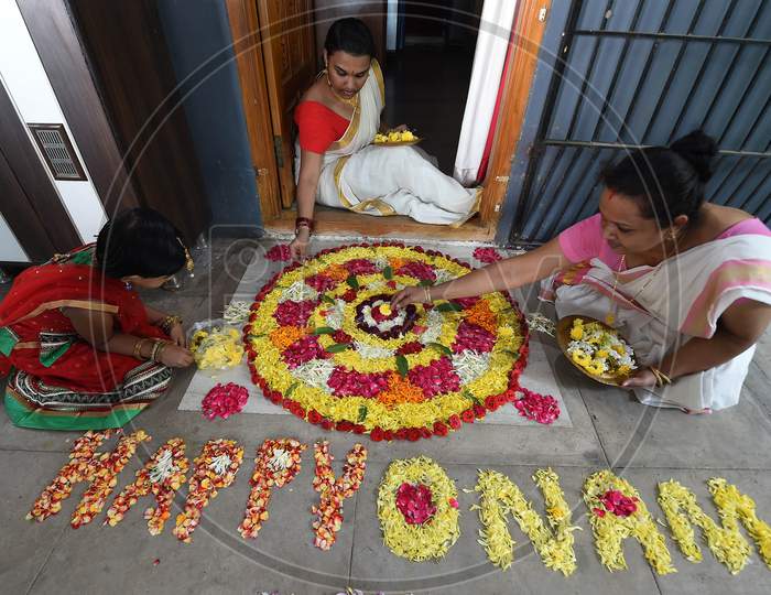 People Prepare 'Pookalam' On The Eve Of Onam Festival, In Chennai, Monday, August 31, 2020.