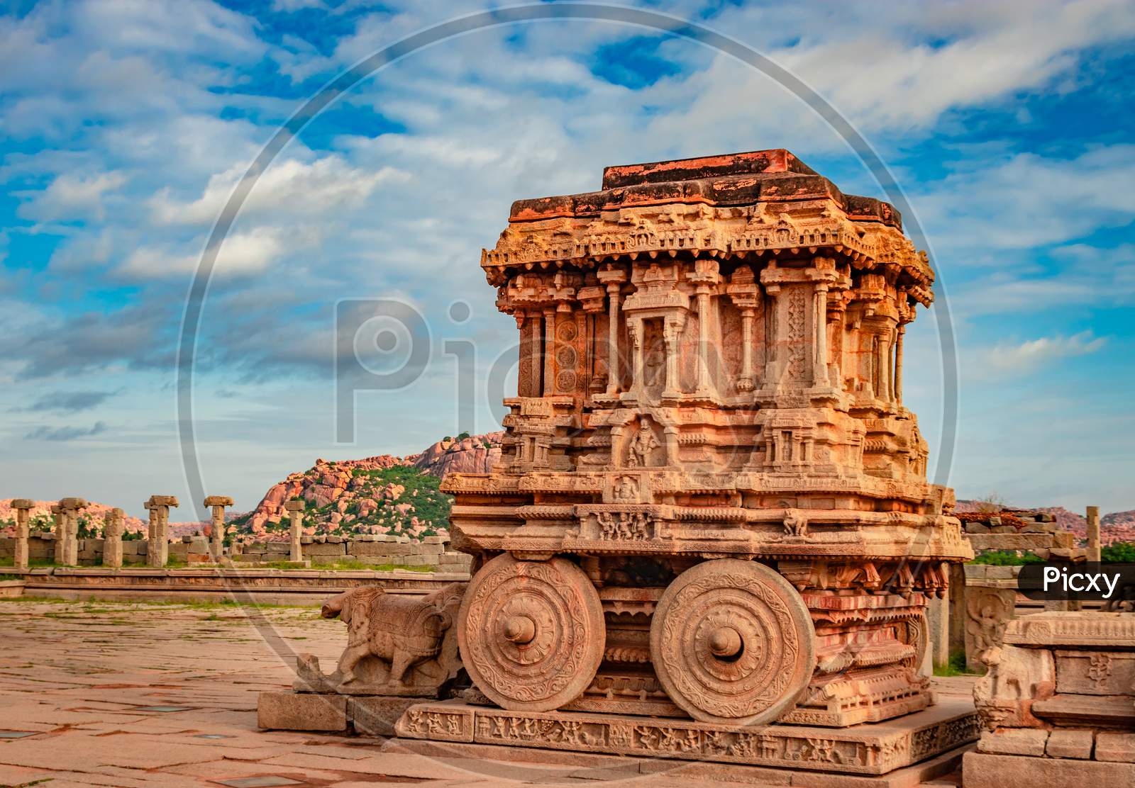 Hampi Stone Chariot The Antique Stone Art Piece With Amazing Blue Sky