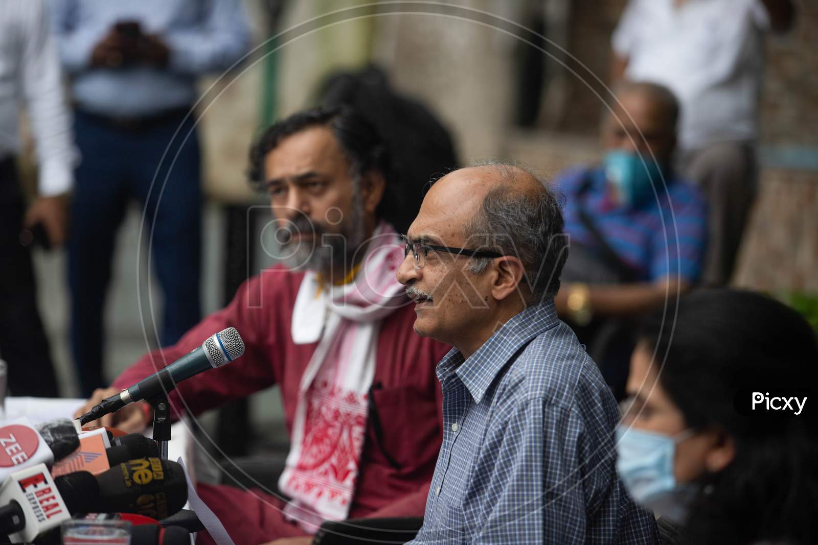 Activist- Senior Advocate Prashant Bhushan addresses a press conference in New Delhi on August 31, 2020.