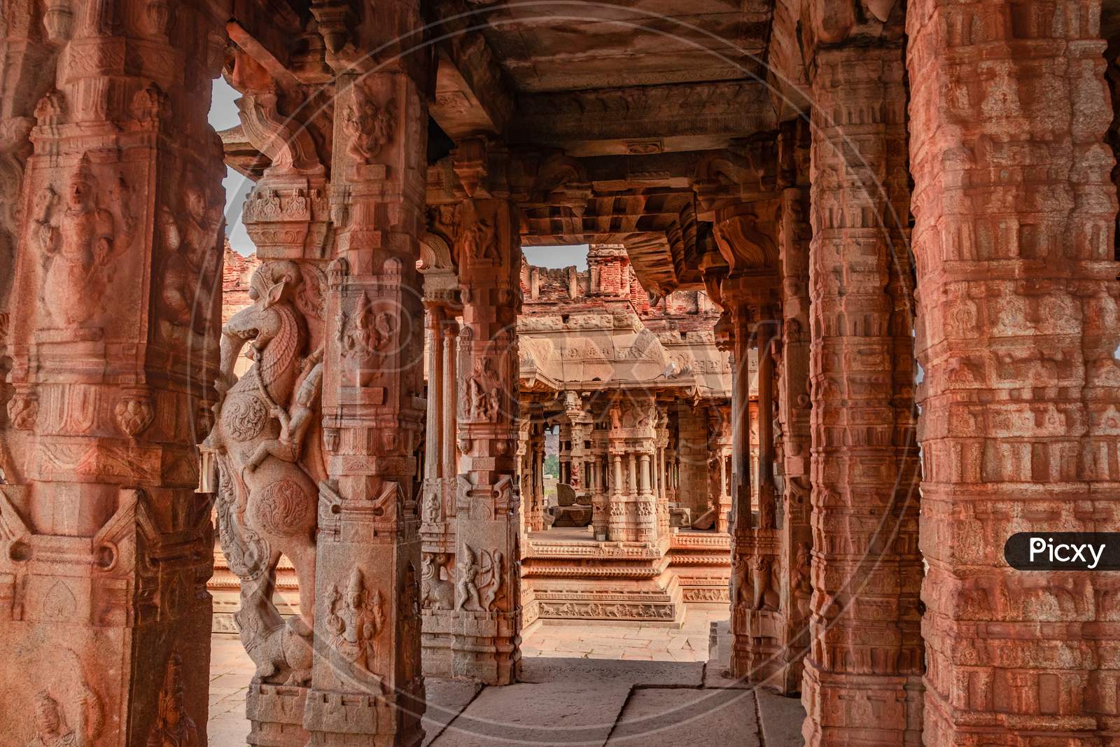 Vithala Temple Hampi Ruins Interior Antique Stone Art From Unique Angle