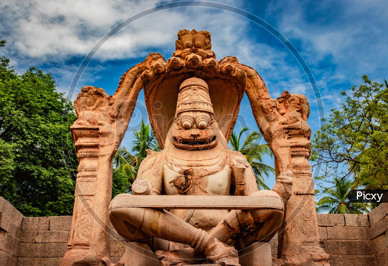 Narasimha Lakshmi Temple Hampi Antique Stone Art Close Up Shot From Unique Angle With Amazing Sky