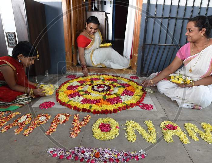 People Prepare 'Pookalam' On The Eve Of Onam Festival, In Chennai, Monday, August 31, 2020.