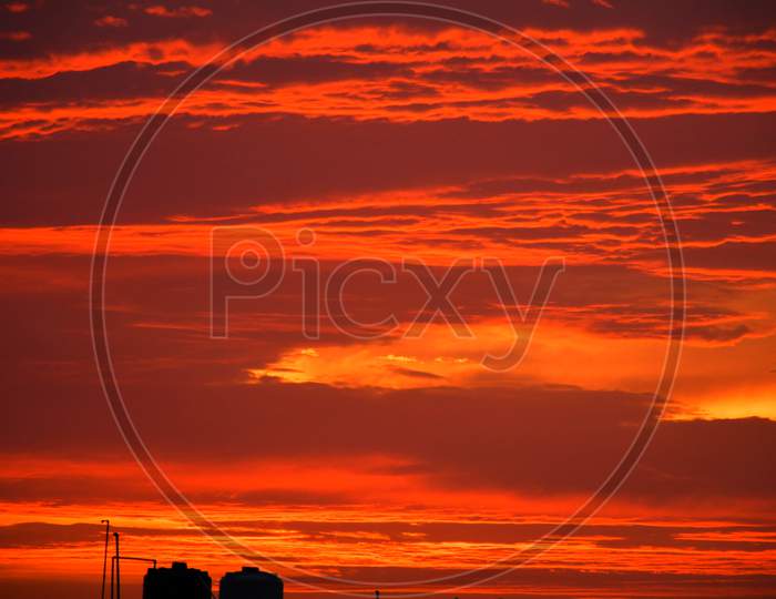 Orange, Red, Blue sky, sunset, Beautiful sky in the Evening, Cloudy sky