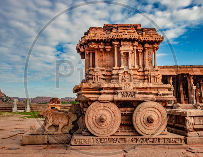 Hampi Stone Chariot The Antique Stone Art Piece From Unique Angle With Amazing Blue Sky