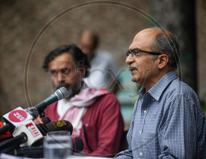 Activist- Senior Advocate Prashant Bhushan addresses a press conference in New Delhi on August 31, 2020.