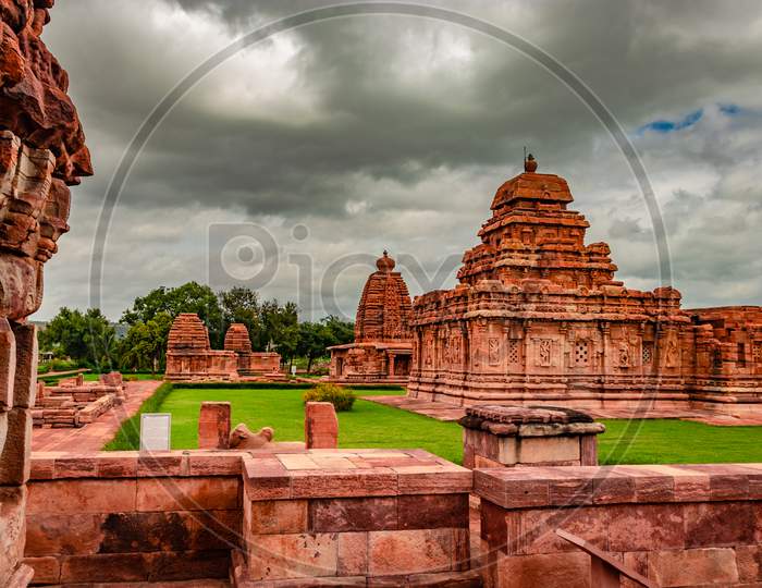 Pattadakal Temple Group Of Monuments Breathtaking Stone Art From Different Angle With Dramatic Sky