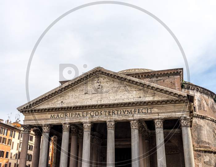Tourists Visit The Pantheon In Winter. Roman Pantheon Is One Of The Best-Known Sights Of Rome. Pantheon Square With The Ancient Egyptian Obelisk