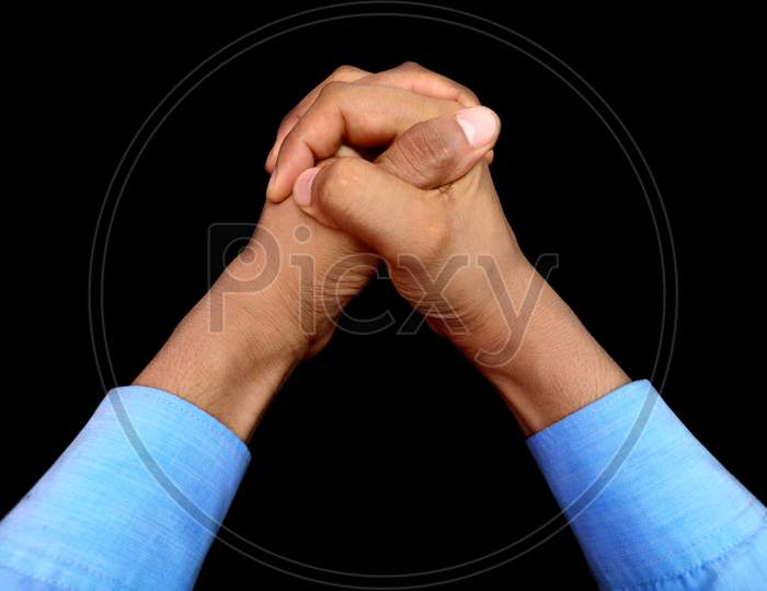 Hand holding Hand , support bonding togetherness Concept, black background