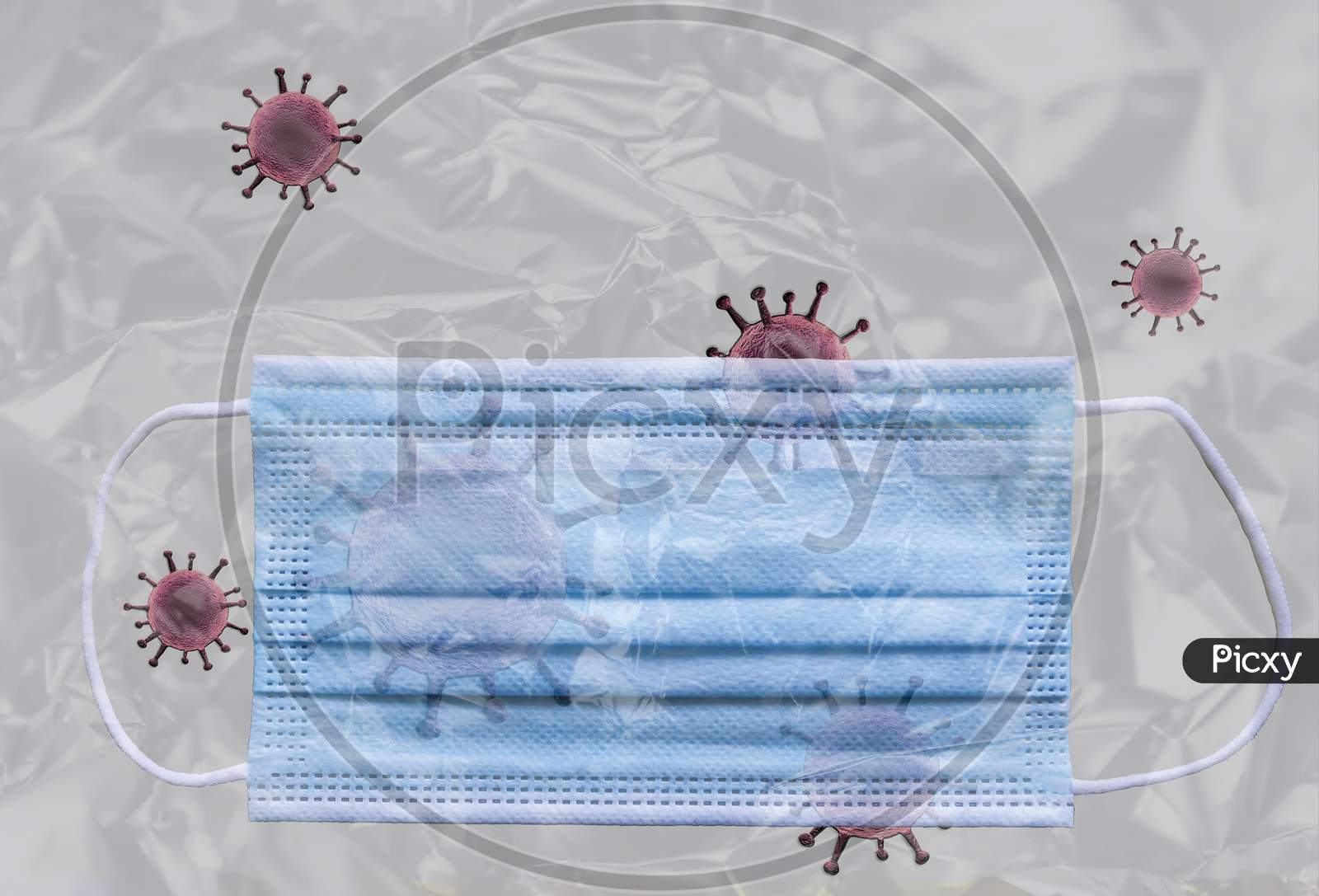 Medical corona virus mask behind plastic film with the corona virus on and around it