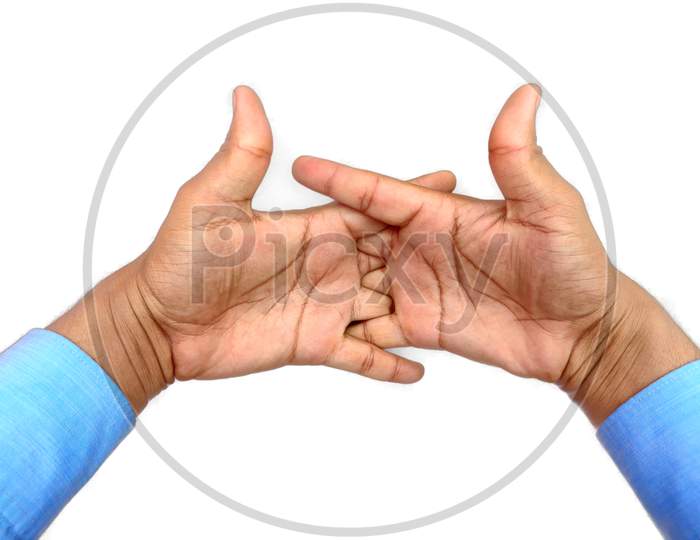 Hand in hand , fingers grip together, male hands bonding Concept on white background.