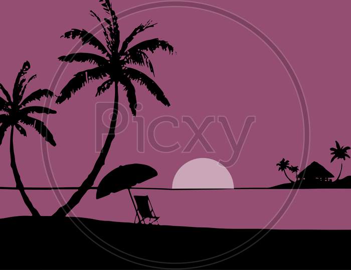 Drawing Of Sunset With Silhouette Of Coconut Tree Vector Editable Illustration