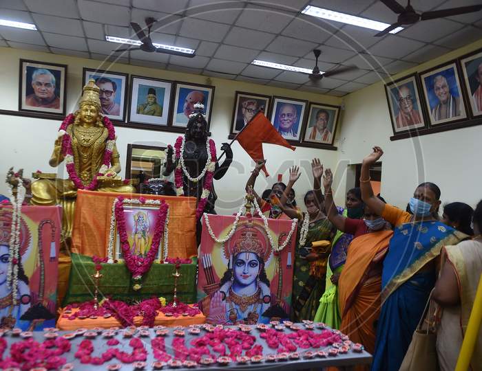 BJP Workers Celebrate The Ground Breaking Ceremony For Proposed Ram Temple In Ayodhya, At a Party Office In Chennai, Wednesday, Aug 5, 2020.