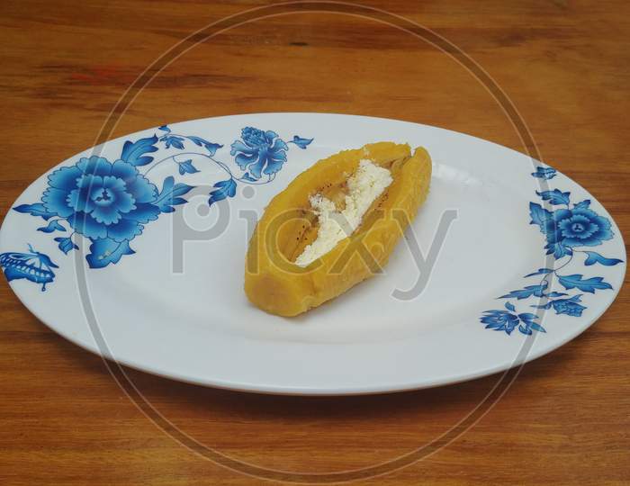 Delicious baked banana with powdered milk