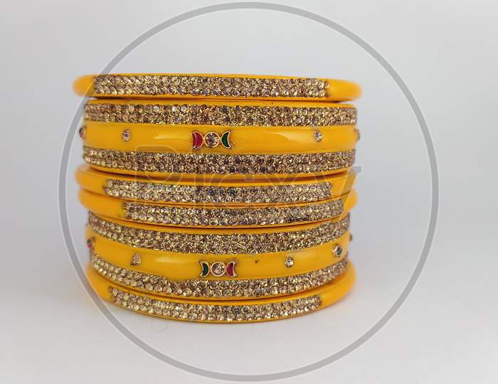 Yellow Bangles Isolated On White Background - Wedding / Traditional Gold Bangles