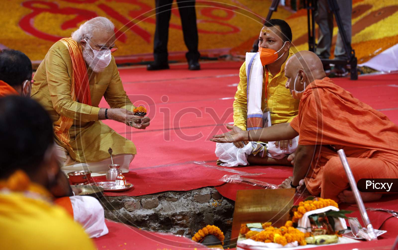 Prime Minister Narendra Modi performs rituals during the foundation laying ceremony for the Hindu Lord Ram's temple, in Ayodhya, India, August 5, 2020.